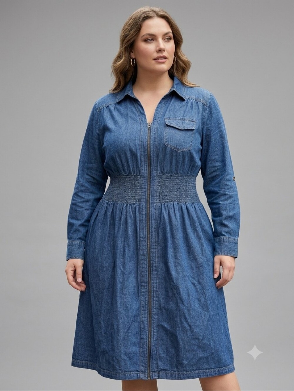 Ashley Stewart Denim Full Zip Midi Shirt Dress Smocked Waist Western Utility 12